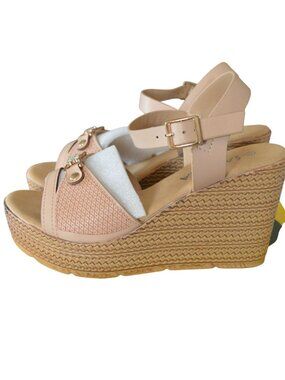 NIB Sandra Beige Platform Sandals Embellished Ankle Strap Women Size 6.5 (37)